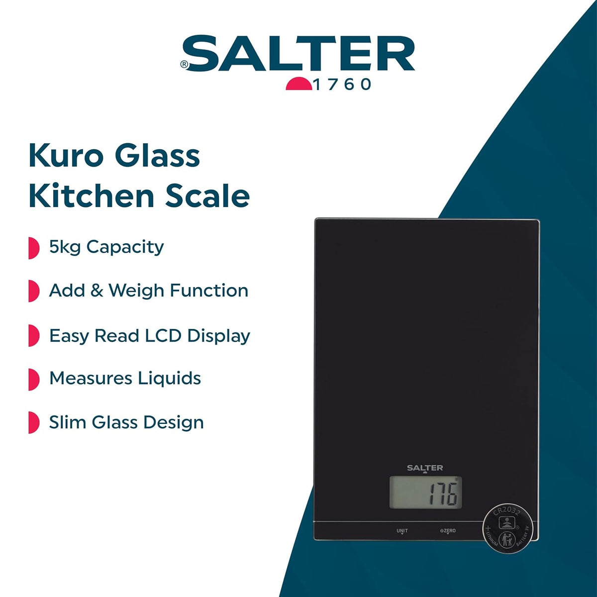 Salter Kuro Glass Electronic Kitchen Scale Black SA00450KFEU12 | 5Kg Capacity | Digital Food Weighing Scale | Aquatronic for Liquids | Add and Weigh Multiple Ingredients | Easy Read LCD Display | Slim Design | Perfect for Baking | Batteries Included