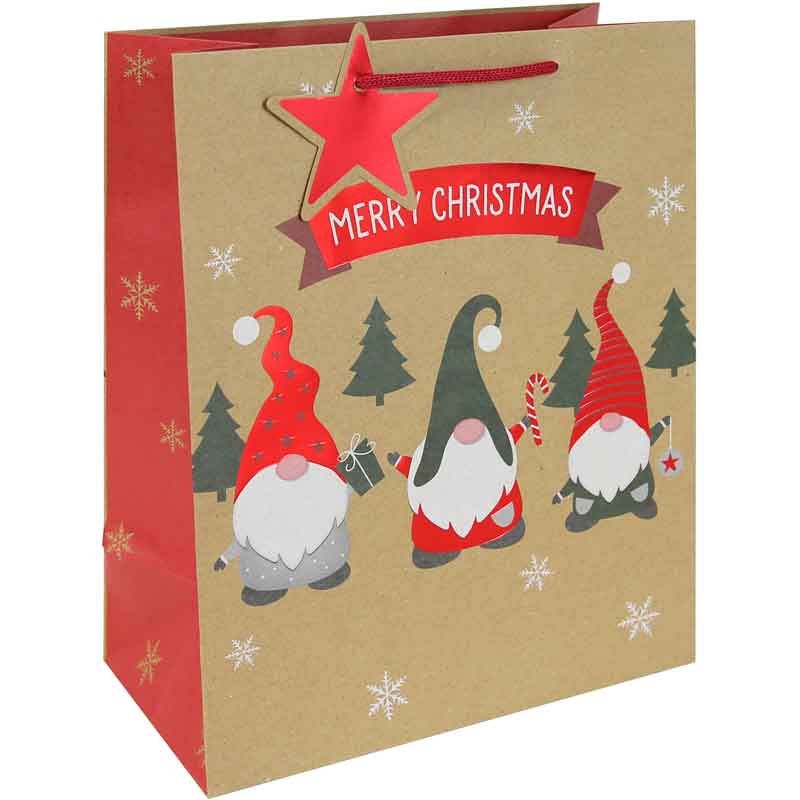 Clairefontaine Eurowrap Christmas Gonk Kraft Gift Bag Multicoloured XL 15cm x 33cm x 45.5cm Pack of 12 X-36048-1WC | With Red Ribbon Handle
