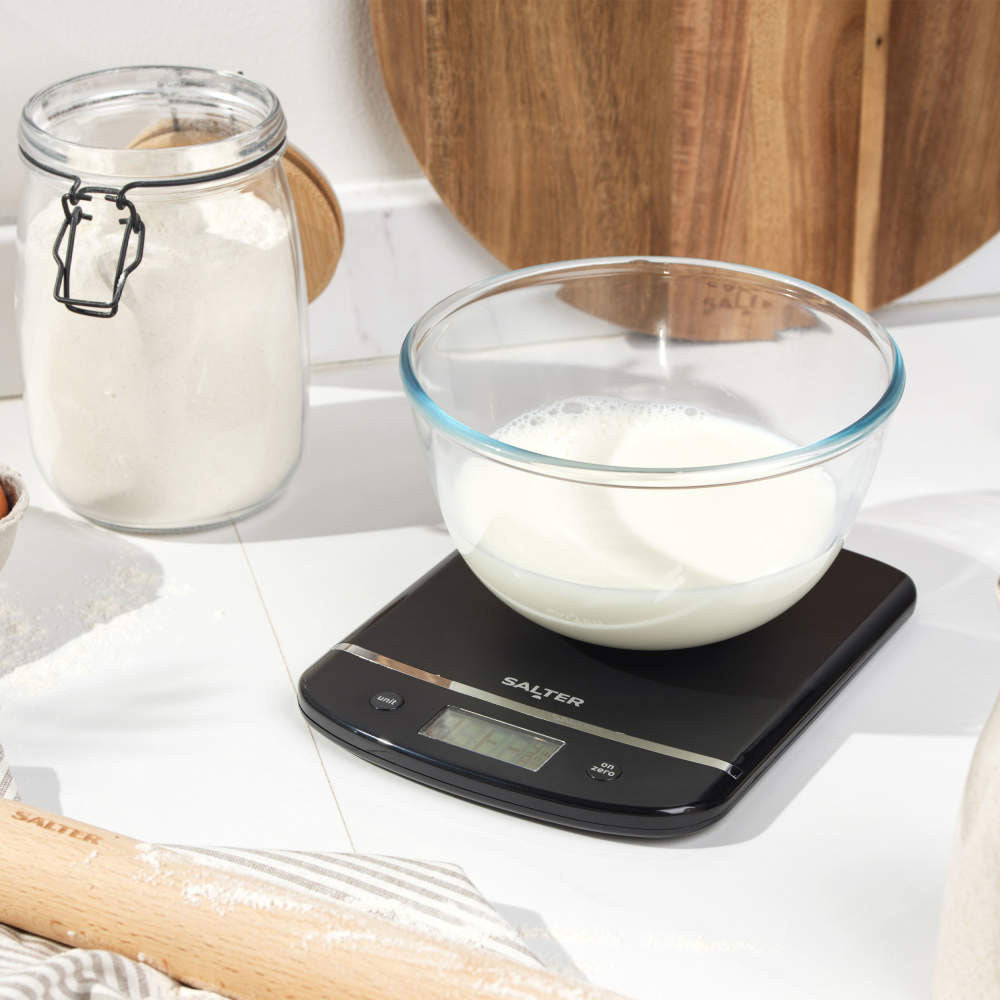 Salter Electronic Kitchen Scale Black 1056 BCFEU12 | 5Kg Capacity | Digital LCD Display | Aquatronic for Liquids | Add and Weigh Function | Slim Compact Design | Measure Both Wet and Dry Ingredients