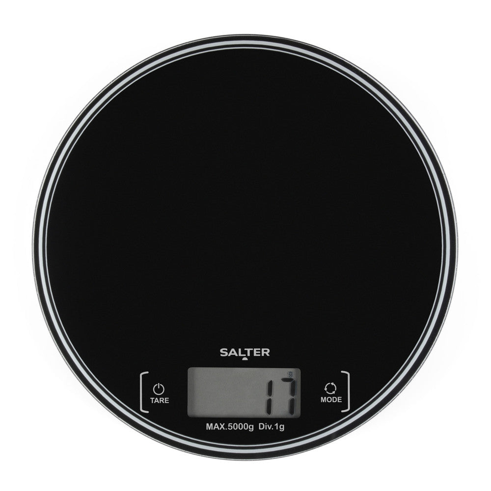 Salter Round Electronic Kitchen Scale Black SA00595BCFEU12 | 5Kg Capacity | Digital LCD Display | Measures Liquids | Add and Weigh Function | Slim Compact Design | Measure Both Wet and Dry Ingredients