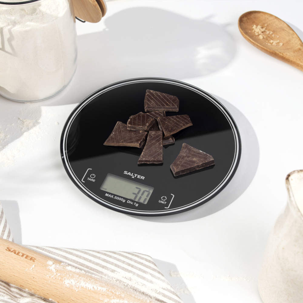 Salter Round Electronic Kitchen Scale Black SA00595BCFEU12 | 5Kg Capacity | Digital LCD Display | Measures Liquids | Add and Weigh Function | Slim Compact Design | Measure Both Wet and Dry Ingredients