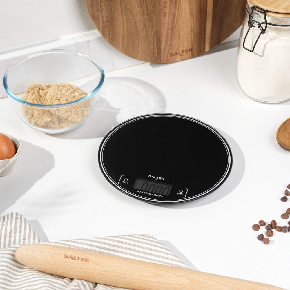 Salter Round Electronic Kitchen Scale Black SA00595BCFEU12 | 5Kg Capacity | Digital LCD Display | Measures Liquids | Add and Weigh Function | Slim Compact Design | Measure Both Wet and Dry Ingredients