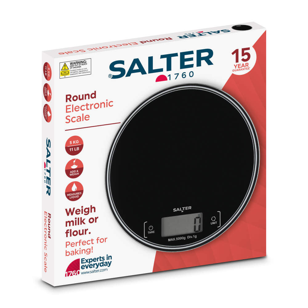 Salter Round Electronic Kitchen Scale Black SA00595BCFEU12 | 5Kg Capacity | Digital LCD Display | Measures Liquids | Add and Weigh Function | Slim Compact Design | Measure Both Wet and Dry Ingredients