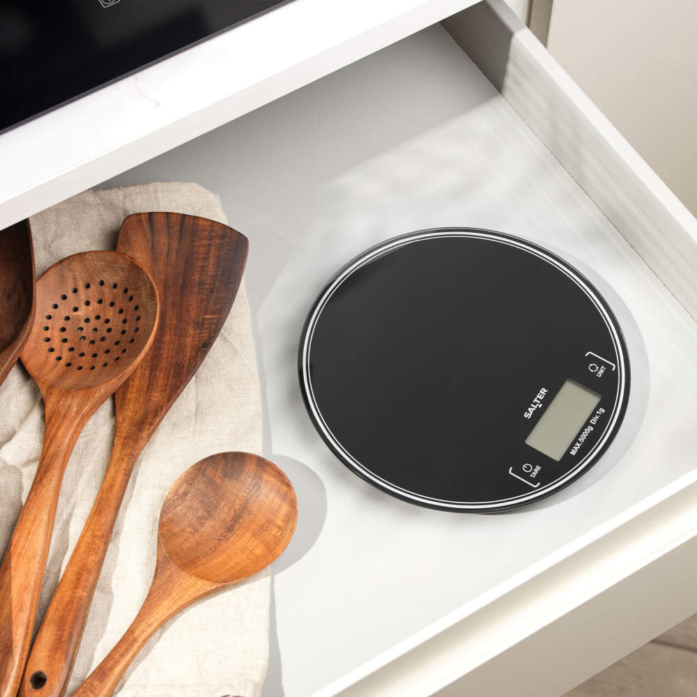 Salter Round Electronic Kitchen Scale Black SA00595BCFEU12 | 5Kg Capacity | Digital LCD Display | Measures Liquids | Add and Weigh Function | Slim Compact Design | Measure Both Wet and Dry Ingredients