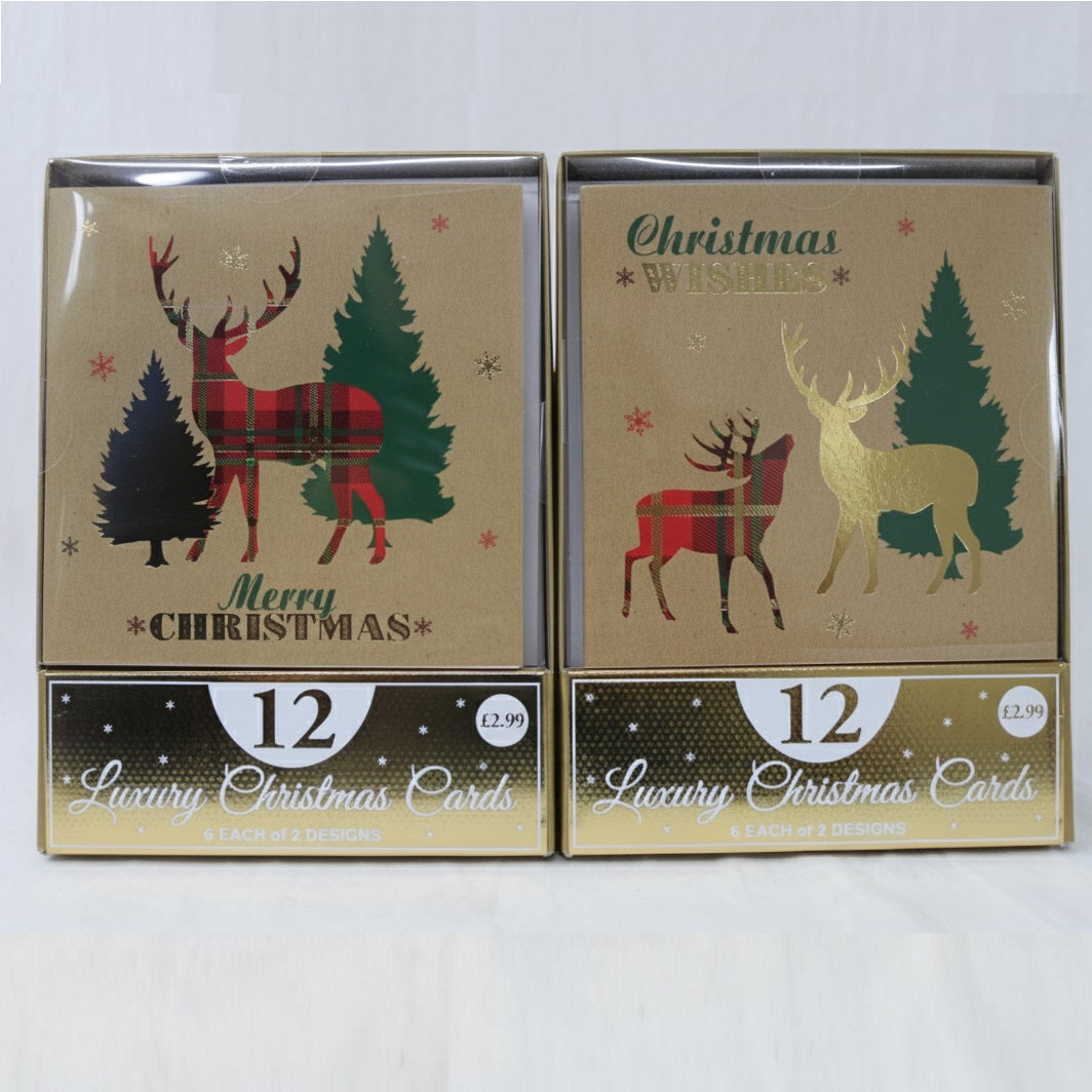 Clairefontaine Eurowrap Tartan Stag Luxury Christmas Cards Assorted Pack of 12 X-35822-BC