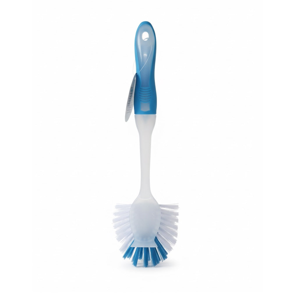 Ashley Fantail Dish Washing Brush White and Blue 31cm x 9cm x 4cm KB206 | Strong Bristles Ideal for Hard to Reach Areas | Easy Grip Handle for Comfort | Integral Scraper for Removing Dried on Food and Stubborn Stains | Suitable for Dishes General Household Cleaning Surfaces and Tiles