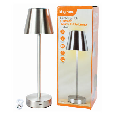 Kingavon Rechargeable Dimmer Touch Table Lamp Silver TL266 | Touch Sensor | Warm White Light | 3 Brightness Levels | 1200mAh