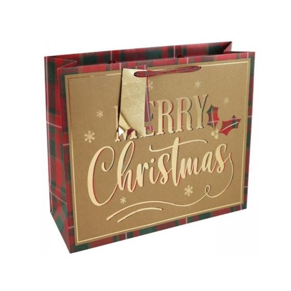 Clairefontaine Eurowrap Merry Christmas Kraft Shopper Gift Bag Multicoloured 37.3cm x 11.8cm x 27.5cm Pack of 12 X-34169-6C | Tartan Design | Recyclable Once Handles Removed