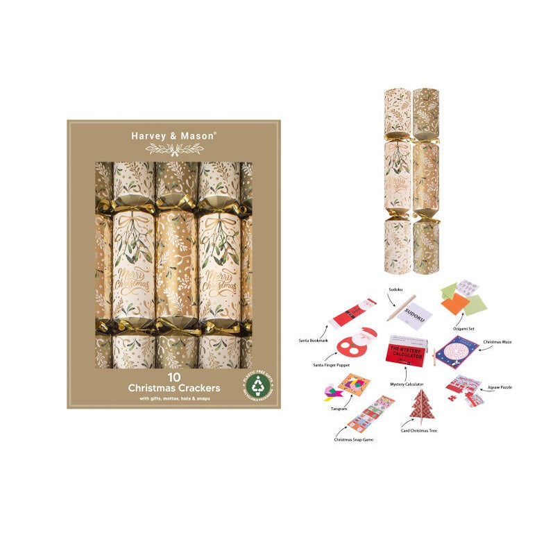 RSW Christmas Harvey and Mason Crackers Gold and White 14-Inch Pack of 10 XM7023 | Gold Mistletoe | Plastic Free Gifts | Recyclable Packaging