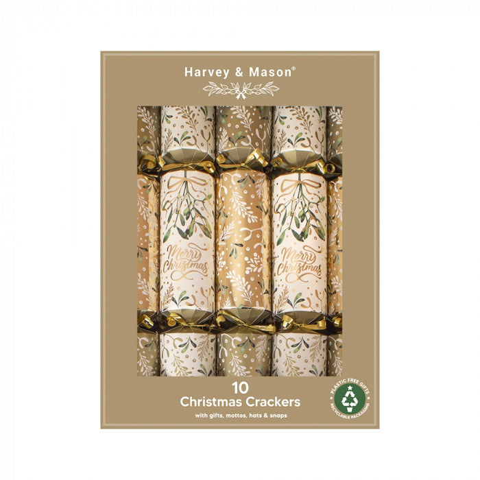RSW Christmas Harvey and Mason Crackers Gold and White 14-Inch Pack of 10 XM7023 | Gold Mistletoe | Plastic Free Gifts | Recyclable Packaging