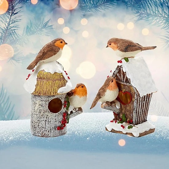 Premier Polyresin Robin on Bird House Ornament Multicoloured 20cm Pack of 1 MO155969 | Assorted Design | Festive Bird Decoration | Winter Snow Effect | Christmas Indoor Decoration | Available in 2 Designs