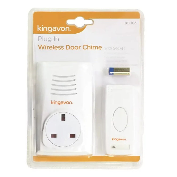 Kingavon Plug In Wireless Door Chime with Socket White DC105 | Choice of 38 Melodies | No Wiring Required | Approx Range 100Mtr