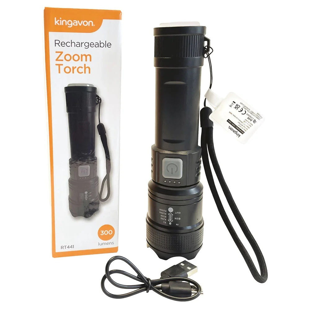 Kingavon 300 Lumens Rechargeable Zoom Torch Black RT441