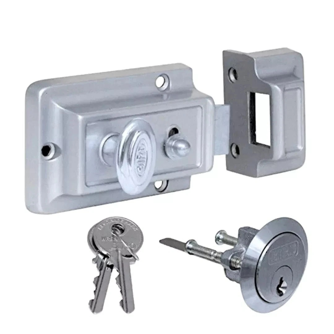 Blackspur Rim Night Latch Silver BH191 | External Locking by Key | Internal Locking with Button | Easy to Install | Standard 60mm Backset | 3 Keys