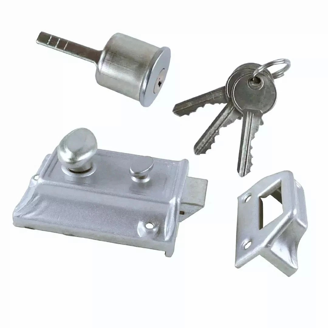 Blackspur Rim Night Latch Silver BH191 | External Locking by Key | Internal Locking with Button | Easy to Install | Standard 60mm Backset | 3 Keys