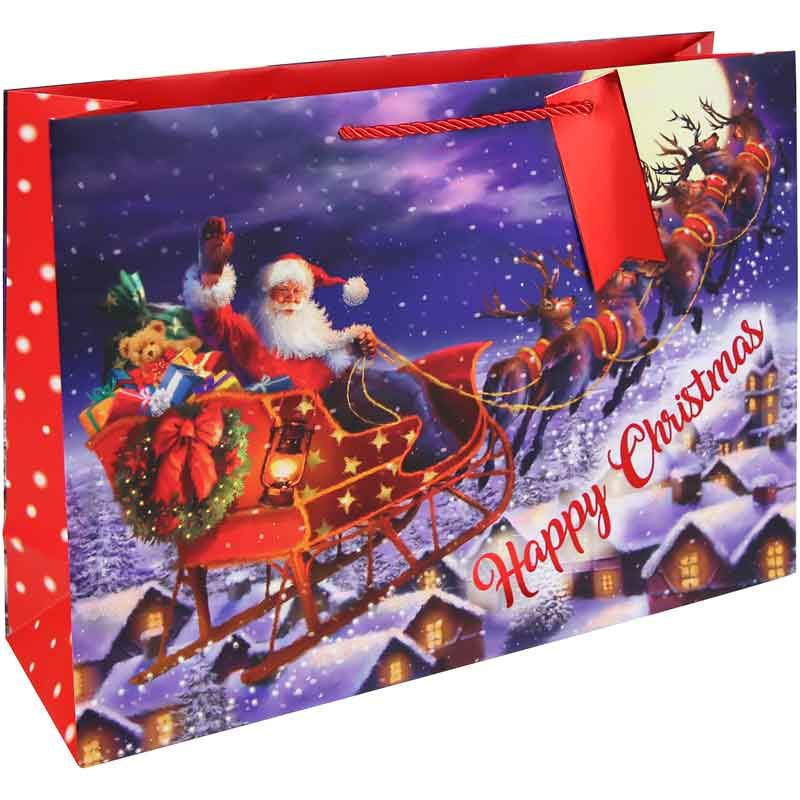 Clairefontaine Eurowrap Flying Santa Shopper Gift Bag Multicoloured 37.3cm x 11.8cm x 27.5cm Pack of 12 X-36041-6C | With Rope Handles | Happy Christmas Gift Bag