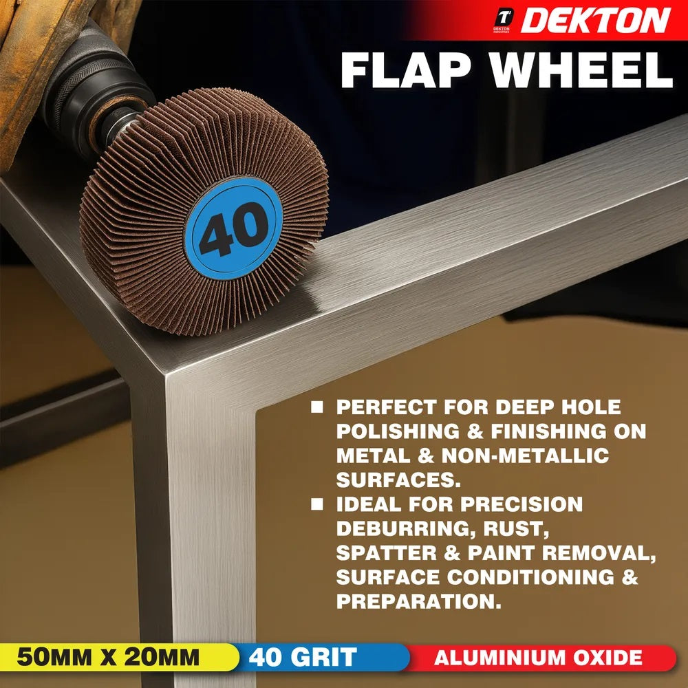 Dekton Flap Wheel Silver 50mm x 20mm DT60901 | 40 Grit | Extra Coarse | Aluminium Oxide | With 6mm Shank | For Precision Deburring-Rust-Paint and Varnish Removal | For Wood-Metal and Non-Metallic Surface Preparation | 15200 RPM Maximum Speed
