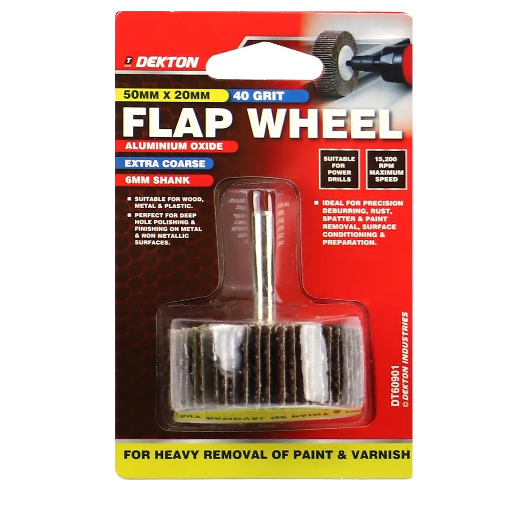 Dekton Flap Wheel Silver 50mm x 20mm DT60901 | 40 Grit | Extra Coarse | Aluminium Oxide | With 6mm Shank | For Precision Deburring-Rust-Paint and Varnish Removal | For Wood-Metal and Non-Metallic Surface Preparation | 15200 RPM Maximum Speed