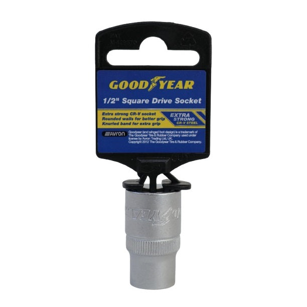 Goodyear Square Drive Socket Silver 12mm 902270 | Drive Size - 0.5-Inch | Extra Strong CR-V Steel | Rounded Walls for Better Grip | Knurled Band for Extra Control