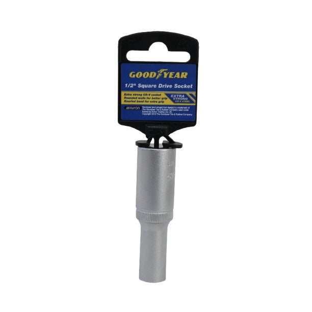 Goodyear Square Drive Deep Socket Silver 12mm 902370 | Drive Size - 0.5-Inch | Extra Strong CR-V Steel | Rounded Walls for Better Grip | Knurled Band for Extra Control