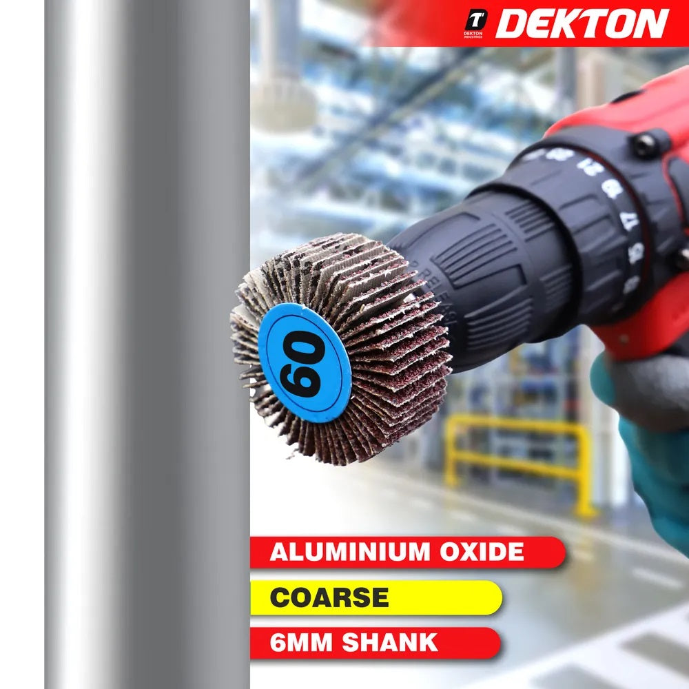 Dekton Flap Wheel Silver 50mm x 20mm DT60902 | 60 Grit | Extra Coarse | Aluminium Oxide | With 6mm Shank | For Precision Deburring-Rust-Paint and Varnish Removal | For Wood-Metal and Non-Metallic Surface Preparation | 15200 RPM Maximum Speed