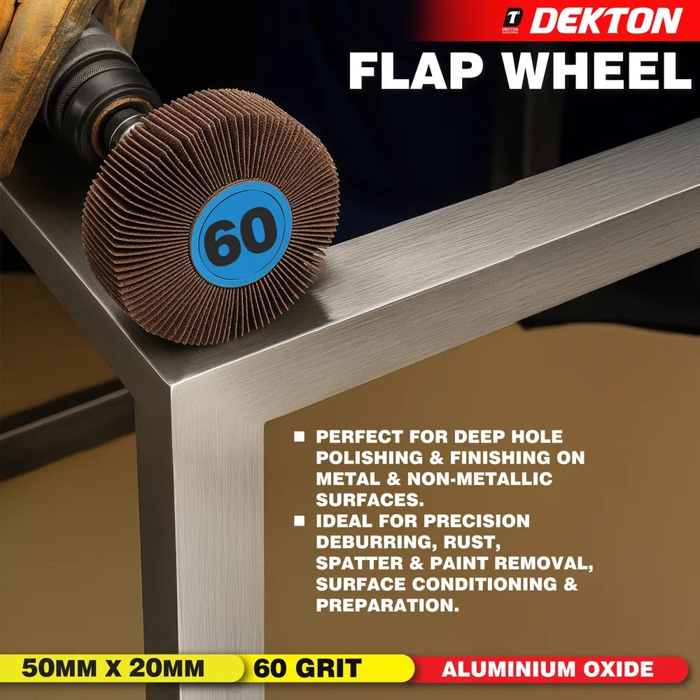 Dekton Flap Wheel Silver 50mm x 20mm DT60902 | 60 Grit | Extra Coarse | Aluminium Oxide | With 6mm Shank | For Precision Deburring-Rust-Paint and Varnish Removal | For Wood-Metal and Non-Metallic Surface Preparation | 15200 RPM Maximum Speed