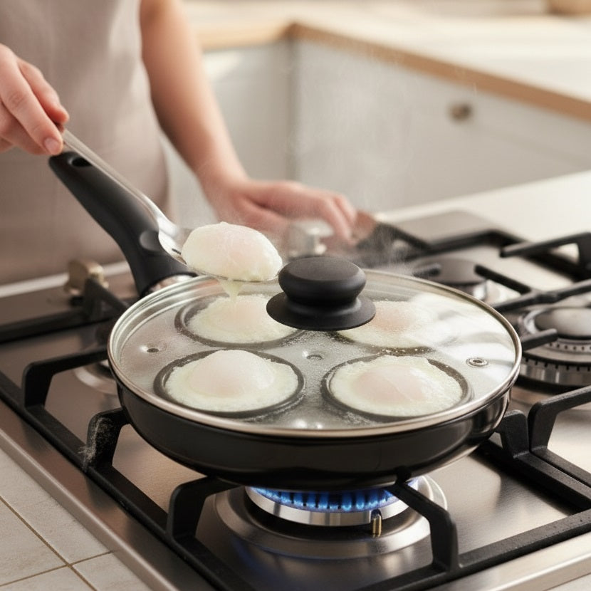 Steelex 4 Cup Egg Poacher Black AL8004 | Heavy Duty | Includes Non Stick Frypan | Non Stick Coating | Heavy Gauge Base