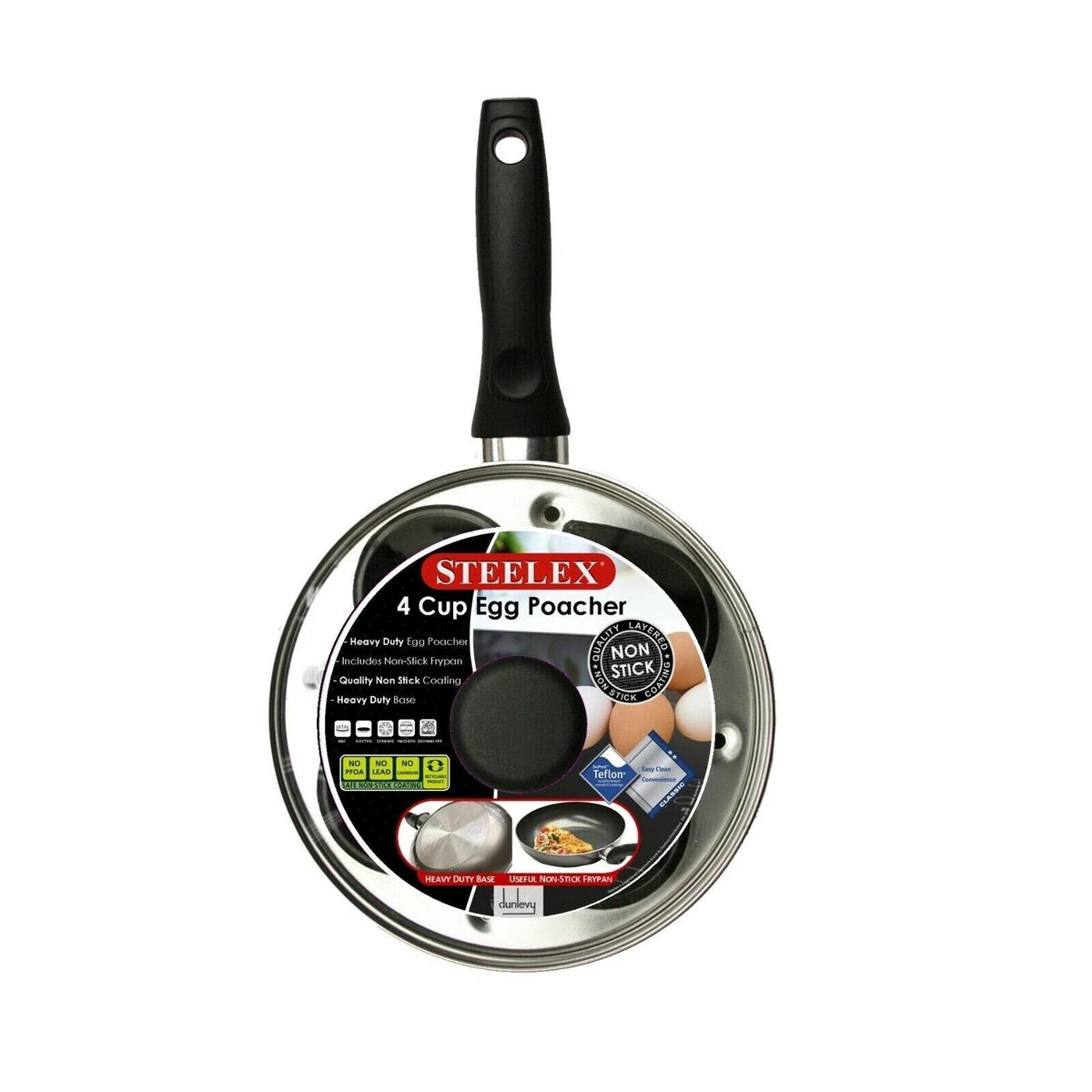 Steelex 4 Cup Egg Poacher Black AL8004 | Heavy Duty | Includes Non Stick Frypan | Non Stick Coating | Heavy Gauge Base