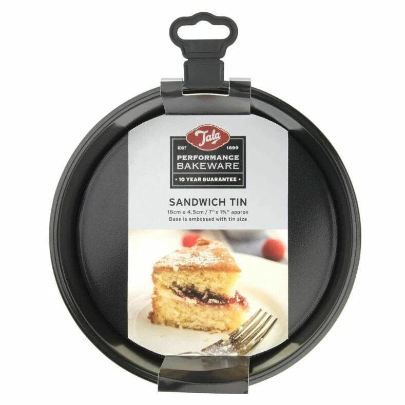 Tala Performance Sandwich Tin Black 18cm x 4.5cm 10A10652 | Tough and Durable | Metal Utensil Safe | 2-Layer Non Stick | Easy to Clean | Quick Release Loose Base | Fridge and Freezer Safe | Dishwasher Safe | Oven Safe