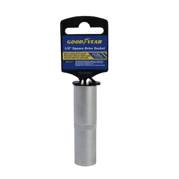 Goodyear Square Drive Deep Socket Silver 15mm 902385 | Drive Size - 0.5-Inch | Extra Strong CR-V Steel | Rounded Walls for Better Grip | Knurled Band for Extra Control