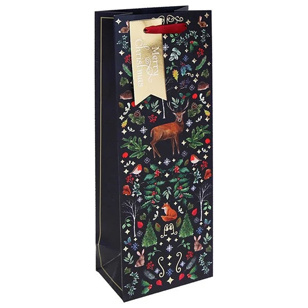 Clairefontaine Eurowrap Christmas Navy Woodland Bottle Gift Bag Multicoloured 12.7cm x 9cm x 35.5cm Pack of 12 X-36017-4C | With Strong Handles | Festive Navy Design with Deer-Fox and Robin