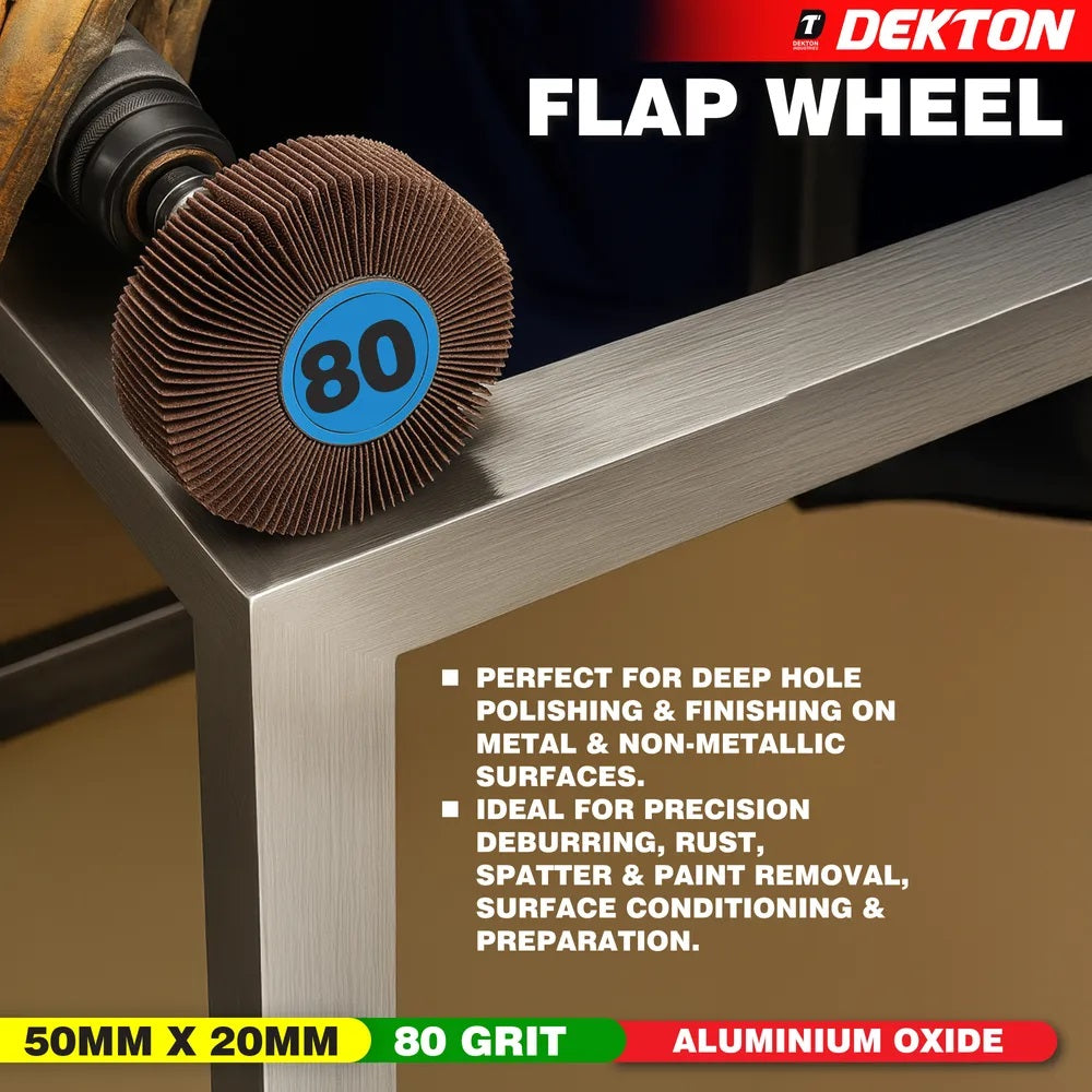 Dekton Flap Wheel Silver 50mm x 20mm DT60903 | 80 Grit | Extra Coarse | Aluminium Oxide | With 6mm Shank | For Precision Deburring-Rust-Paint and Varnish Removal | For Wood-Metal and Non-Metallic Surface Preparation | 15200 RPM Maximum Speed