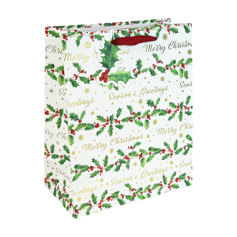 Clairefontaine Eurowrap Christmas Holly Text Kraft Gift Bag Multicoloured Large 26.5cm x 33cm x 14cm Pack of 12 X-36066-2C | With Red Ribbon Handle