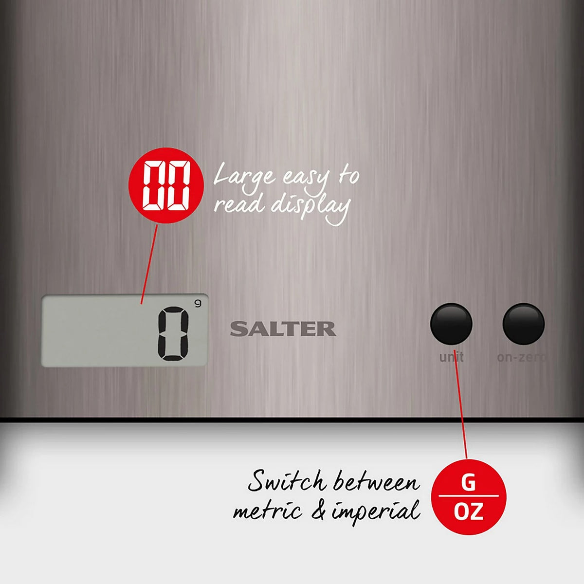 Salter Arc Stainless Steel Electronic Kitchen Scale Grey 180mm x 180mm x 25mm 1087 SSDRCEU16 | 3Kg Capacity | Digital Food Weighing Scale | Easy-to-Read LCD Display | Add and Weigh Zero Function | Compact and Sleek Design | Aquatronic for Measuring Liquid
