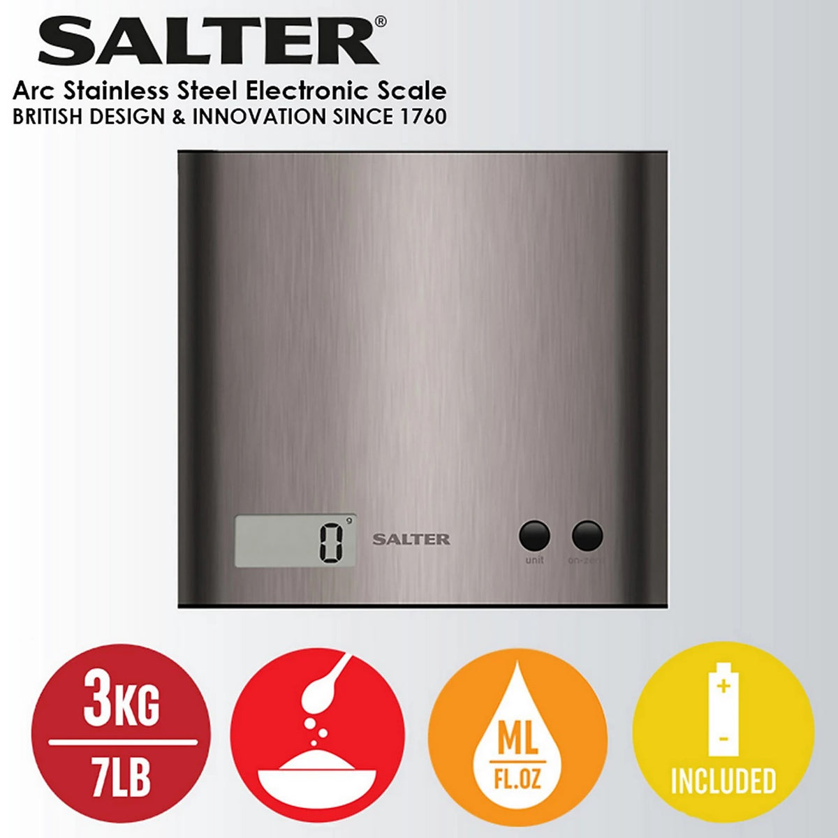 Salter Arc Stainless Steel Electronic Kitchen Scale Grey 180mm x 180mm x 25mm 1087 SSDRCEU16 | 3Kg Capacity | Digital Food Weighing Scale | Easy-to-Read LCD Display | Add and Weigh Zero Function | Compact and Sleek Design | Aquatronic for Measuring Liquid
