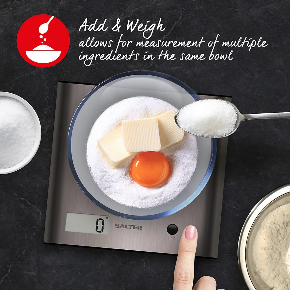 Salter Arc Stainless Steel Electronic Kitchen Scale Grey 180mm x 180mm x 25mm 1087 SSDRCEU16 | 3Kg Capacity | Digital Food Weighing Scale | Easy-to-Read LCD Display | Add and Weigh Zero Function | Compact and Sleek Design | Aquatronic for Measuring Liquid