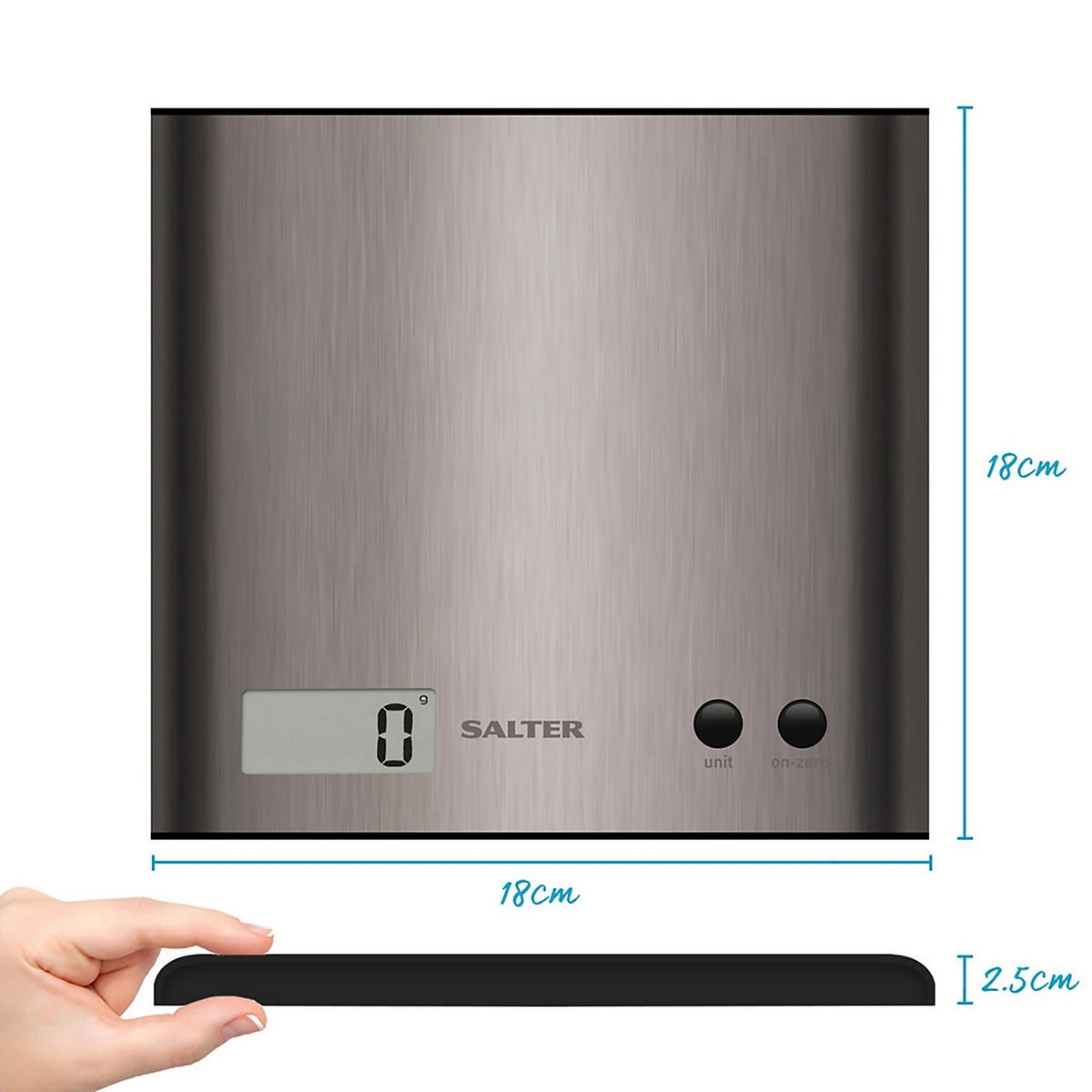Salter Arc Stainless Steel Electronic Kitchen Scale Grey 180mm x 180mm x 25mm 1087 SSDRCEU16 | 3Kg Capacity | Digital Food Weighing Scale | Easy-to-Read LCD Display | Add and Weigh Zero Function | Compact and Sleek Design | Aquatronic for Measuring Liquid