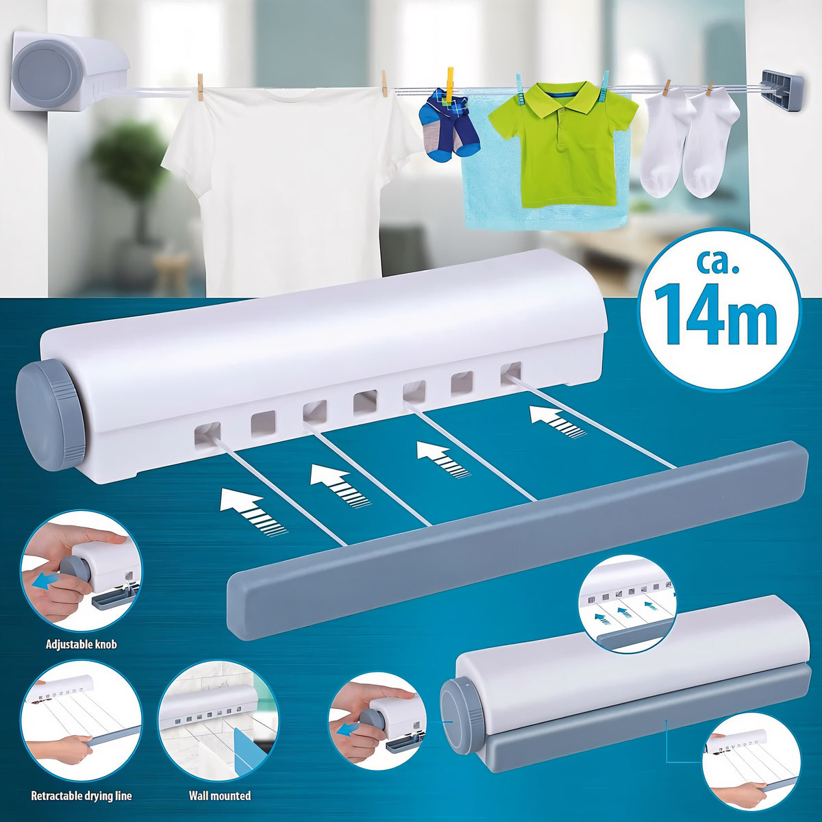 Ashley Housewares Retractable Washing Line White 14Mtr RA228