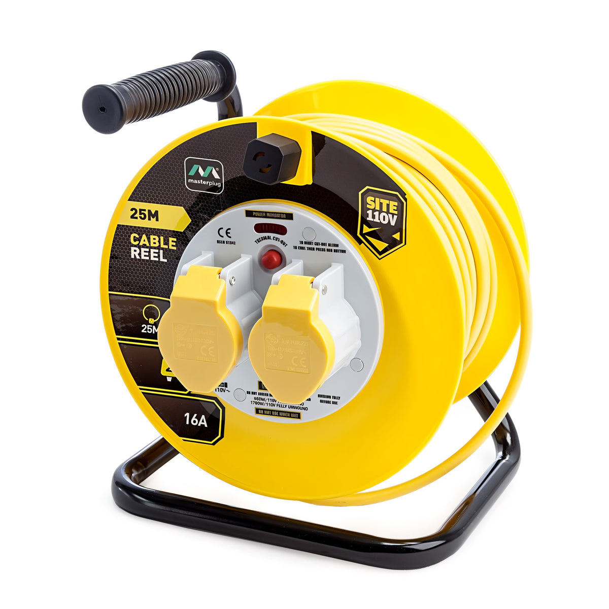 Masterplug 2 Socket Cable Reel Yellow 25Mtr 16A 110V LVCT2516/2 | Power Indicator | Easy Wind Handle | Thermal Cut-out