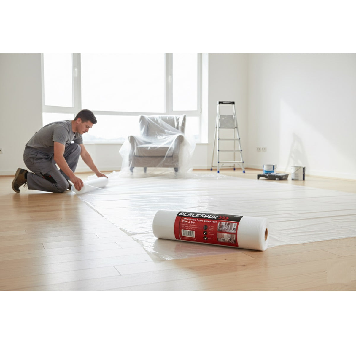 Blackspur Polythene Dust Sheet Roll White 25Mtr x 2Mtr DS145 | Provides Protection against Paint - Dirt and Dust | Ideal for Decorating | Waterproof