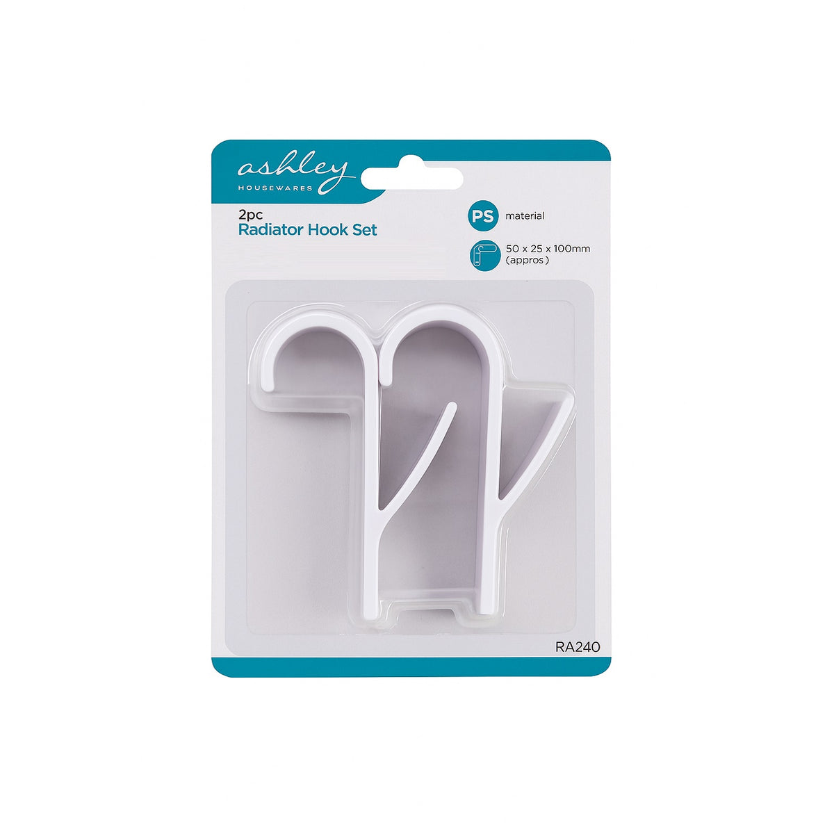 Ashley Housewares Radiator Hook Set White 50mm x 25mm x 100mm Pack of 2 RA240 | Made of High Quality PS Plastic