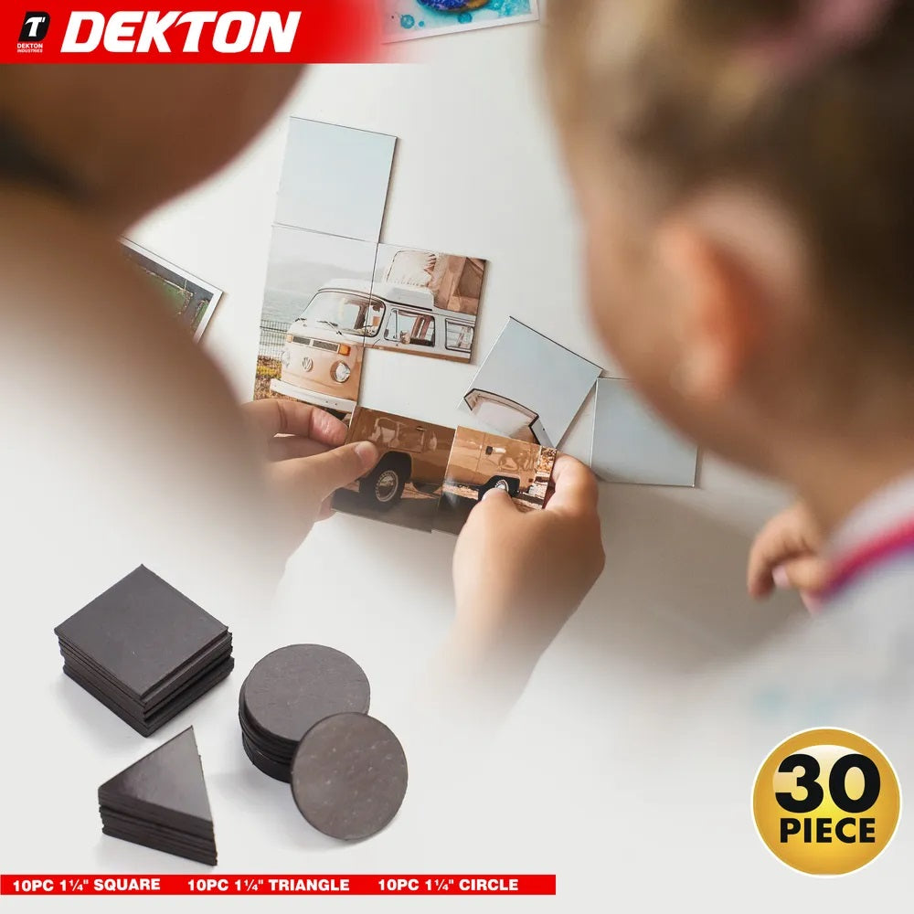 Dekton Flexible Magnet Black 1.25-Inch Pack of 30 DT30925 | Assorted Shapes Circle-Triangle and Square | Cut to Size | Double-Sided Magnetised | Ideal for Hobbyists and Crafts | 10-Piece Circle | 10-Piece Square | 10-Piece Triangle | For