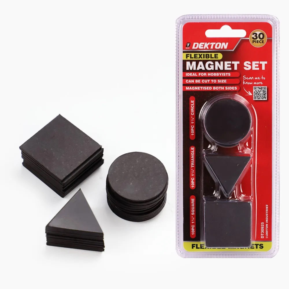 Dekton Flexible Magnet Black 1.25-Inch Pack of 30 DT30925 | Assorted Shapes Circle-Triangle and Square | Cut to Size | Double-Sided Magnetised | Ideal for Hobbyists and Crafts | 10-Piece Circle | 10-Piece Square | 10-Piece Triangle | For