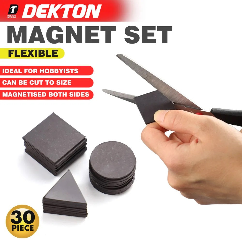 Dekton Flexible Magnet Black 1.25-Inch Pack of 30 DT30925 | Assorted Shapes Circle-Triangle and Square | Cut to Size | Double-Sided Magnetised | Ideal for Hobbyists and Crafts | 10-Piece Circle | 10-Piece Square | 10-Piece Triangle | For