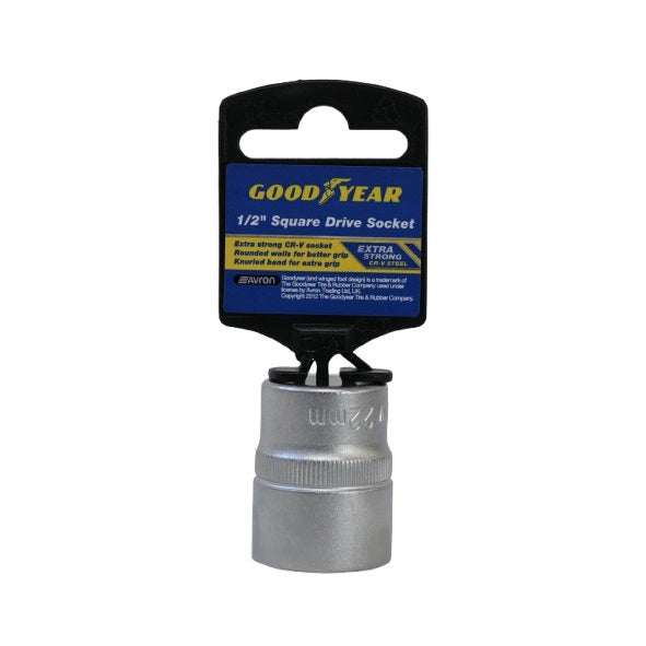 Goodyear Square Drive Socket Silver 22mm 902320 | Drive Size - 0.5-Inch | Extra Strong CR-V Steel | Rounded Walls for Better Grip | Knurled Band for Extra Control