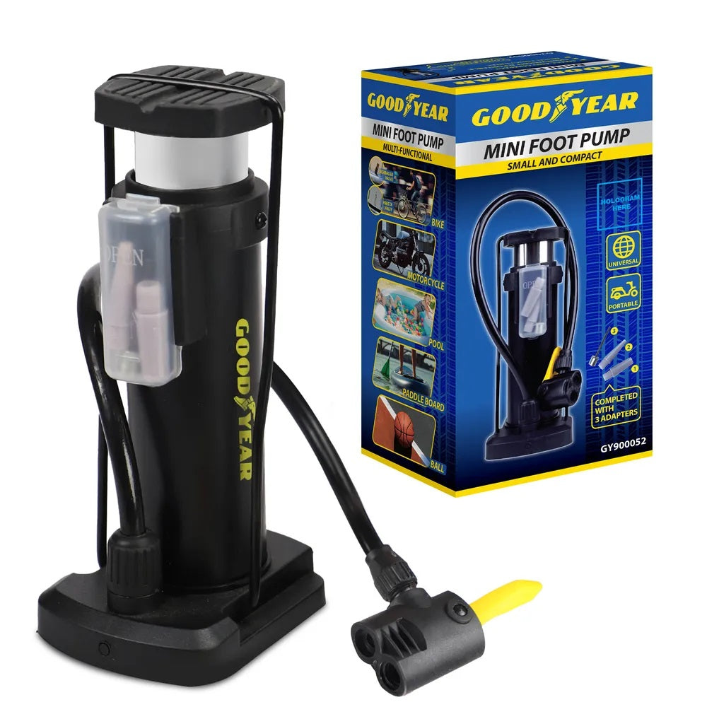 Goodyear Mini Foot Pump Black 900052 | Lightweight and Portable Air Pump | Compact and Sturdy Design | Lockable Valve | Ideal for Car-Bike and Sports Equipment | Multifunctional | Completed with 3 Adaptors | Universal