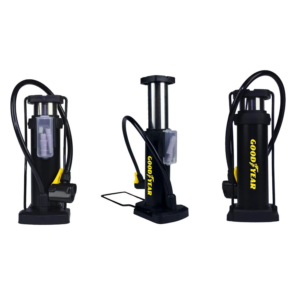 Goodyear Mini Foot Pump Black 900052 | Lightweight and Portable Air Pump | Compact and Sturdy Design | Lockable Valve | Ideal for Car-Bike and Sports Equipment | Multifunctional | Completed with 3 Adaptors | Universal