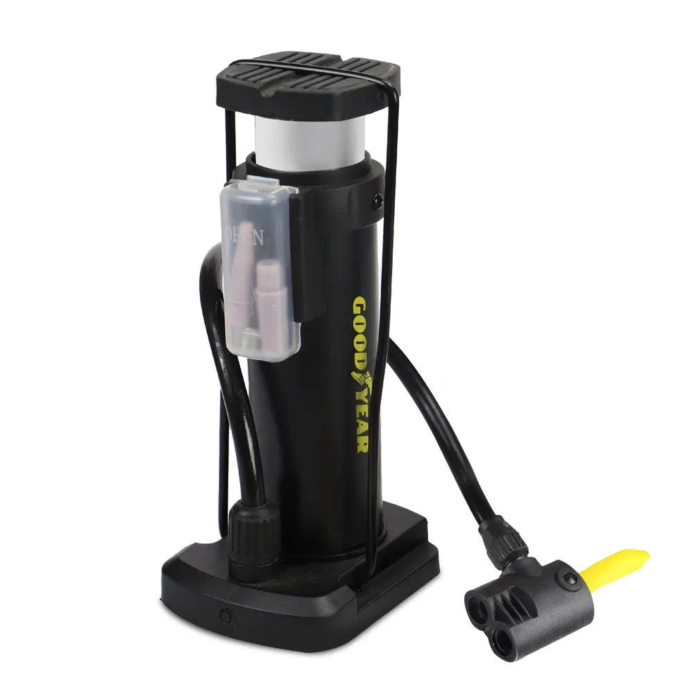 Goodyear Mini Foot Pump Black 900052 | Lightweight and Portable Air Pump | Compact and Sturdy Design | Lockable Valve | Ideal for Car-Bike and Sports Equipment | Multifunctional | Completed with 3 Adaptors | Universal