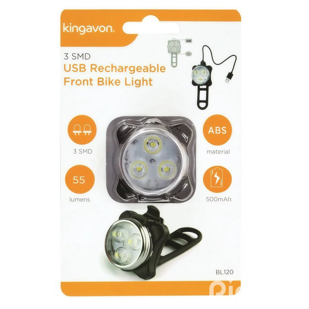 Kingavon 3 SMD USB Rechargeable Front Bike Light White 500mAh 50mm x 45mm x 40mm BL120 | ABS Material with Soft Finish | 55 Lumens | Easy to Install and Remove | Silicone Band with USB Cable | Light Modes 100 Percent-50 Percent-Slow-Flash-Flash