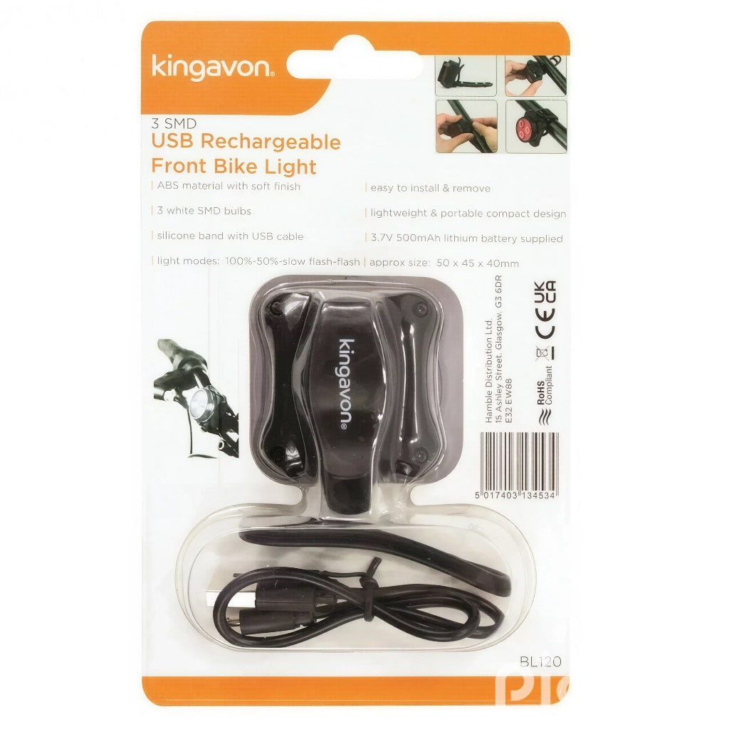 Kingavon 3 SMD USB Rechargeable Front Bike Light White 500mAh 50mm x 45mm x 40mm BL120 | ABS Material with Soft Finish | 55 Lumens | Easy to Install and Remove | Silicone Band with USB Cable | Light Modes 100 Percent-50 Percent-Slow-Flash-Flash